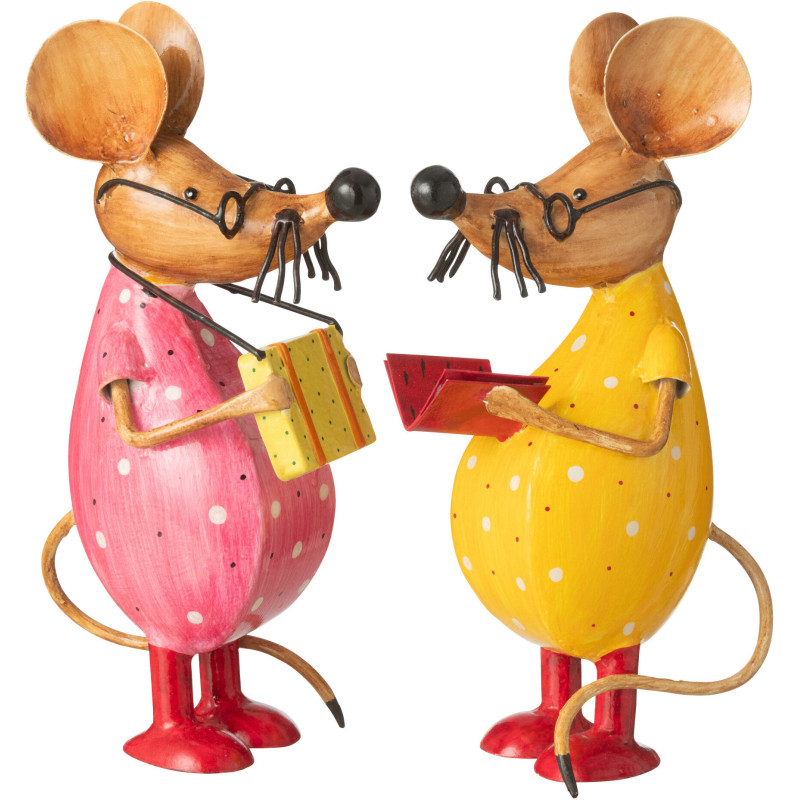 Grandes Statues déco originales Souris Lunettes Hauteur 30 cm en Métal Rose Jaune Rouge Griselle (Lot de 2) - 1