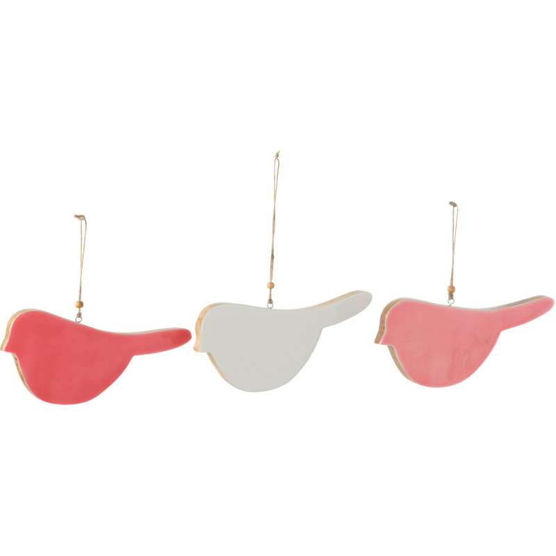 Grandes Déco à suspendre Oiseaux 21 cm en Bois de manguier Rouge Blanc Rose Phaélia (Lot de 3) - 1