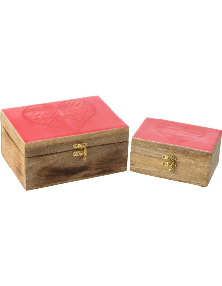 Boite de rangement Coeur en Bois de manguier Naturel Rose Phaélia (Lot de 2) - 1