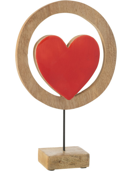 Grande Sculpture moderne Coeur sur pied Hauteur 32 cm en Bois de manguier Naturel Rouge Métal Noir Wyseana - 1