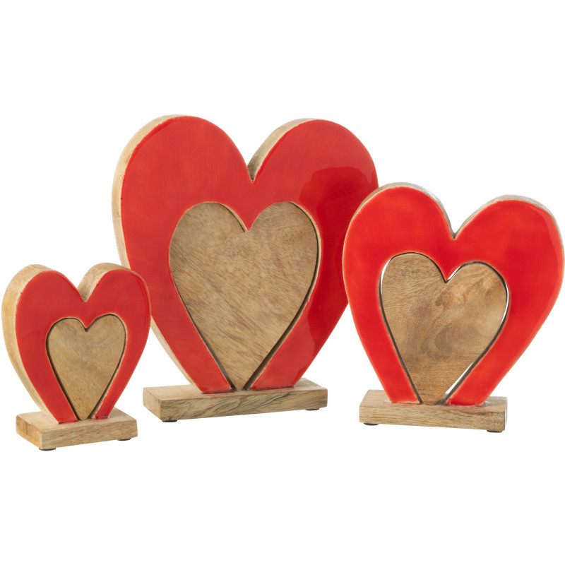 Grande Sculpture déco moderne Puzzle Coeurs Hauteur 24 cm en Bois de manguier Rouge Naturel Rassia - 3