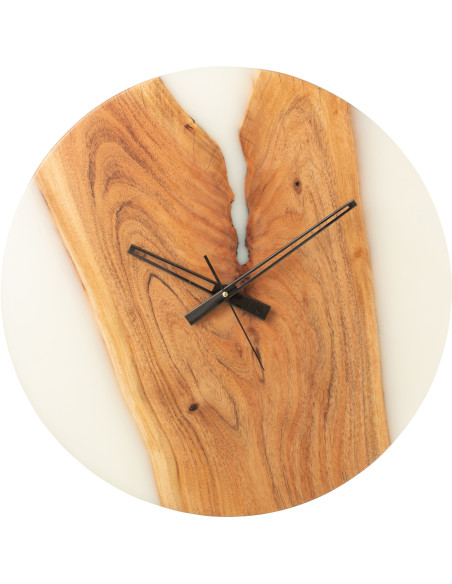 Grande Horloge murale originale ronde 55 cm en Bois d'acacia Naturel Résine Blanc Noaïra - 1