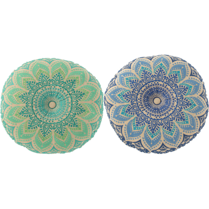 Coussin de sol indien Rond 40x40 en Coton Bleu Vert Beige Motif fleurs Véloria (Lot de 2) - 1