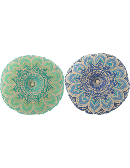 Coussin de sol indien Rond 40x40 en Coton Bleu Vert Beige Motif fleurs Véloria (Lot de 2) - 1