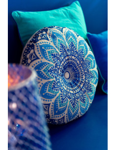 Coussin de sol indien Rond 40x40 en Coton Bleu Vert Beige Motif fleurs Véloria (Lot de 2) - 2