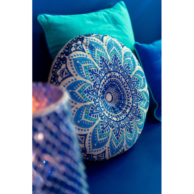 Coussin de sol indien Rond 40x40 en Coton Bleu Vert Beige Motif fleurs Véloria (Lot de 2) - 2