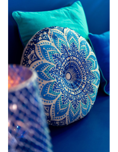 Coussin de sol indien Rond 40x40 en Coton Bleu Vert Beige Motif fleurs Véloria (Lot de 2) - 2
