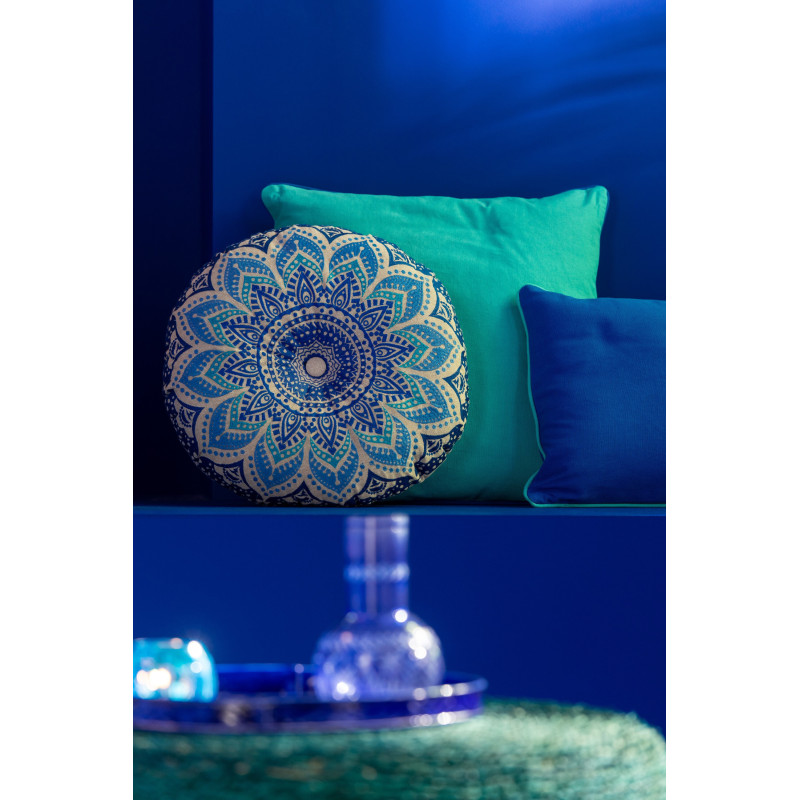 Coussin de sol indien Rond 40x40 en Coton Bleu Vert Beige Motif fleurs Véloria (Lot de 2) - 4