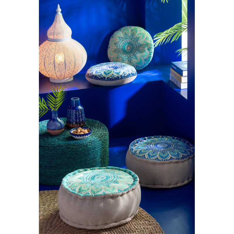 Coussin de sol indien Rond 40x40 en Coton Bleu Vert Beige Motif fleurs Véloria (Lot de 2) - 5