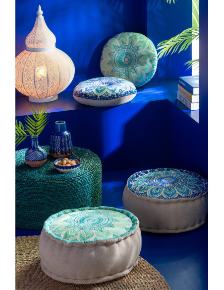 Coussin de sol indien Rond 40x40 en Coton Bleu Vert Beige Motif fleurs Véloria (Lot de 2) - 5