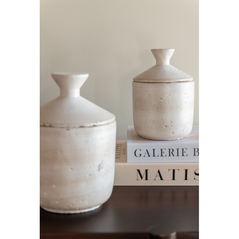 Pot déco moderne rond avec couvercle 11x16 en Ciment Blanc crème Olina - 3