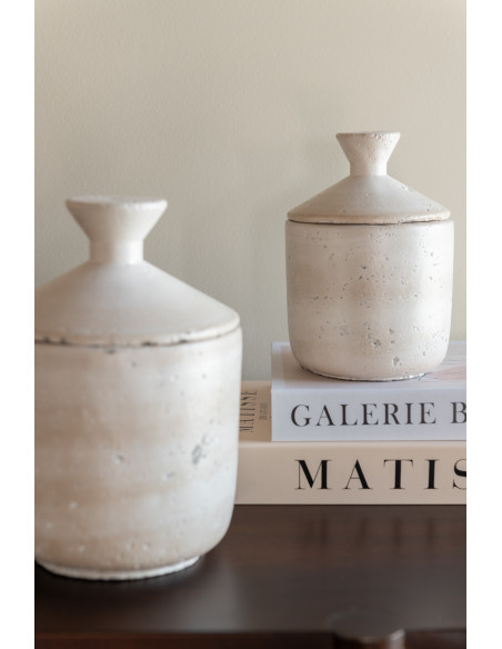 Pot déco moderne rond avec couvercle 11x16 en Ciment Blanc crème Olina - 3