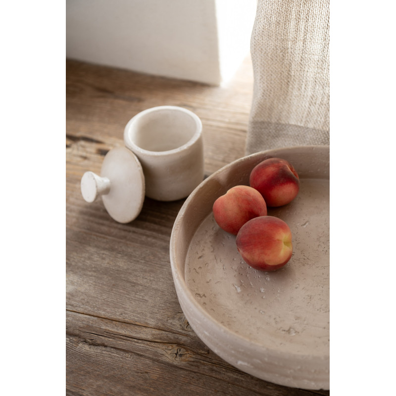 Grand Plateau déco moderne rond sur pied 33 cm en Ciment Blanc crème Olina - 3