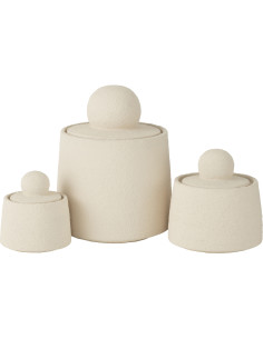 Pots déco modernes ronds avec couvercles en Ciment Blanc crème Maris (Lot de 3) J-Line - 1