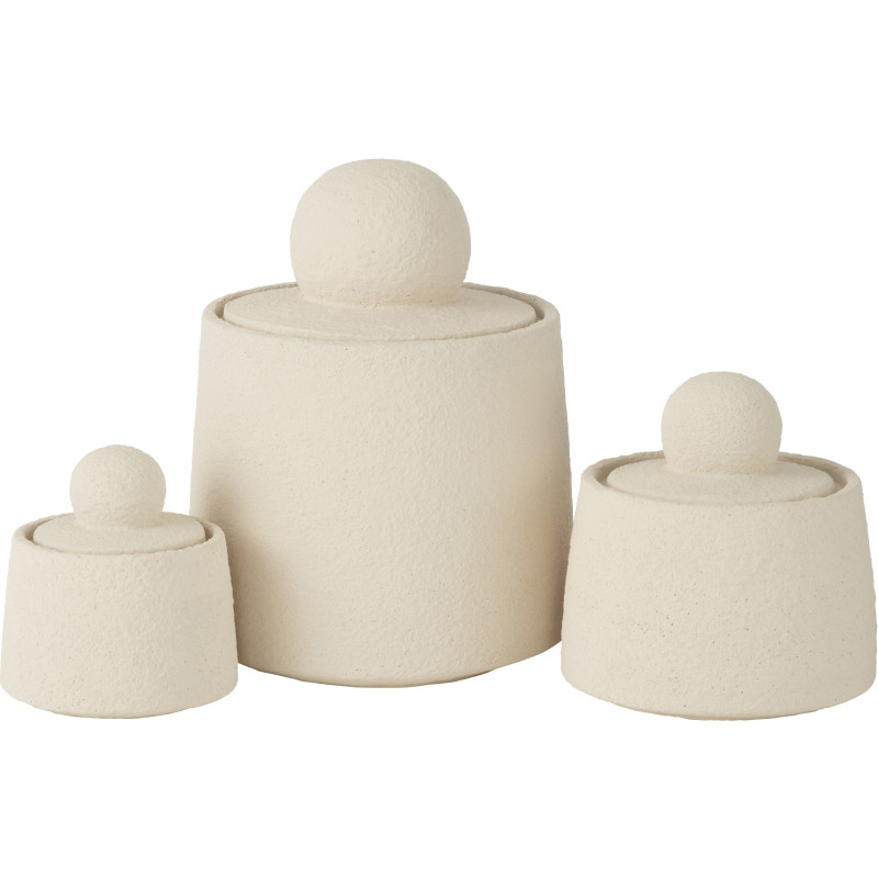 Pots déco modernes ronds avec couvercles en Ciment Blanc crème Maris (Lot de 3) J-Line - 1