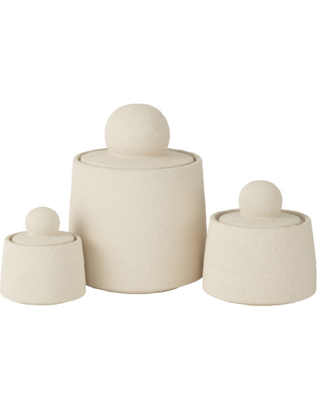 Pots déco modernes ronds avec couvercles en Ciment Blanc crème Maris (Lot de 3) J-Line - 1