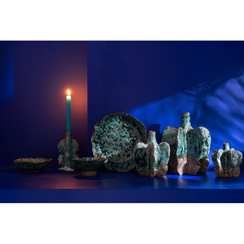 Bougeoir ethnique organique Hauteur 20 cm en Céramique Bleu azur Marron Naga - 3