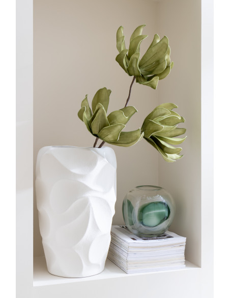 Grand Vase moderne Rond Hauteur 43 cm en Argile Blanc Motif feuilles Mirena - 3