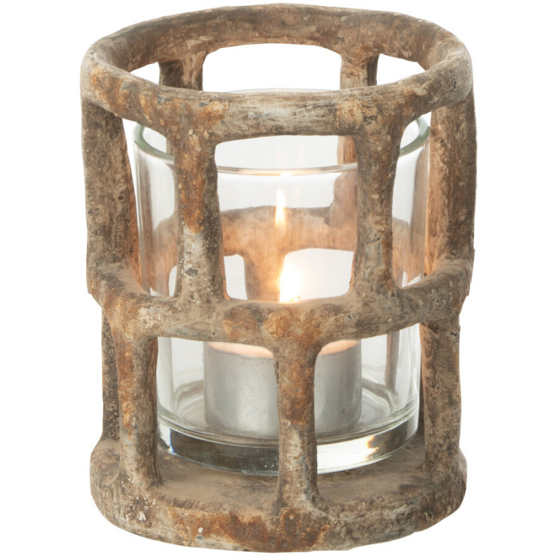 Petit Photophore antique rond Diamètre 10 cm en Résine Beige Vieilli Verre Transparent Hélynor - 1