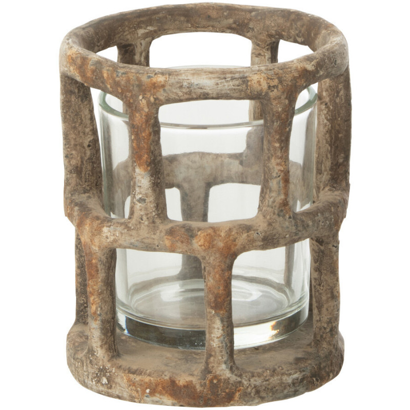 Petit Photophore antique rond Diamètre 10 cm en Résine Beige Vieilli Verre Transparent Hélynor - 2