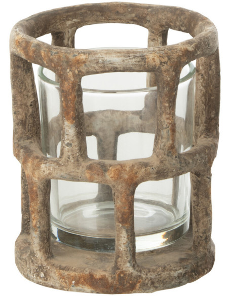 Petit Photophore antique rond Diamètre 10 cm en Résine Beige Vieilli Verre Transparent Hélynor - 2