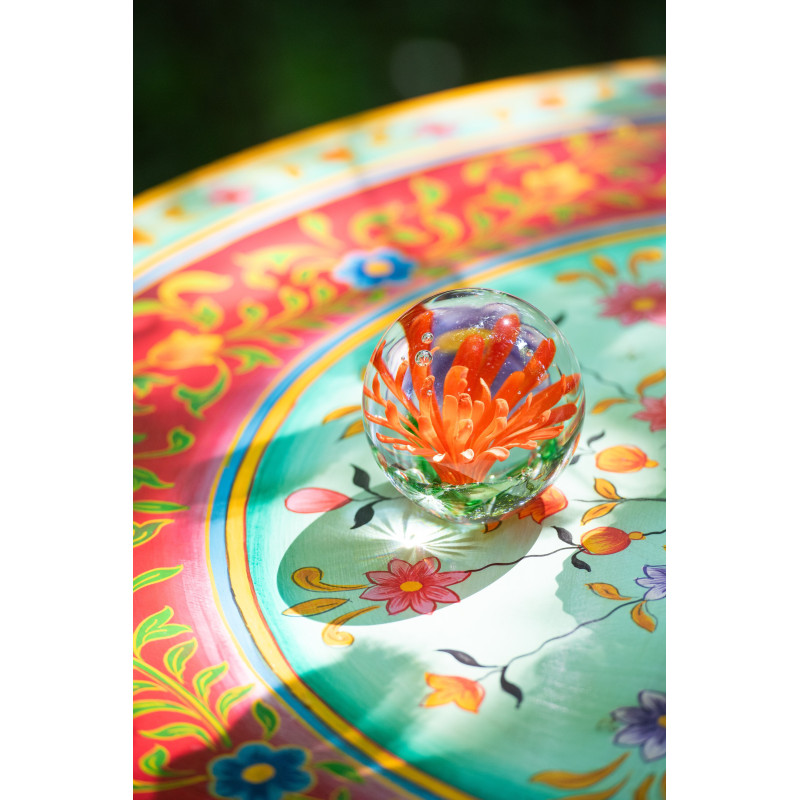 Presse papier sulfure Fleur Rond 10 cm en Verre Transparent Rouge Vert Aster - 3