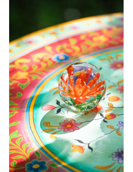 Presse papier sulfure Fleur Rond 10 cm en Verre Transparent Rouge Vert Aster - 3
