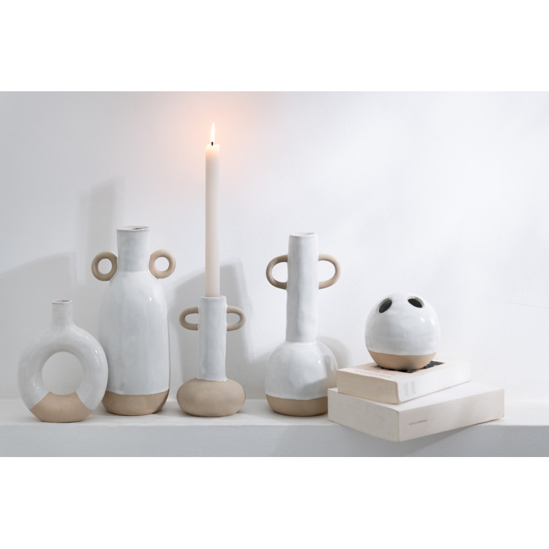 Vase Rond Plat Hauteur 17 cm en Porcelaine Blanc Beige Malotti - 2