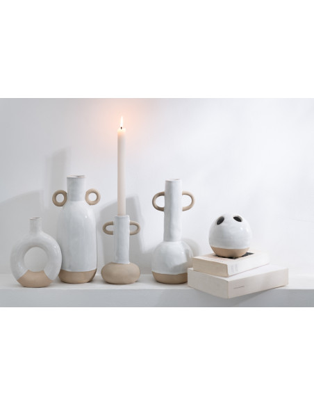Vase Rond Plat Hauteur 17 cm en Porcelaine Blanc Beige Malotti - 2