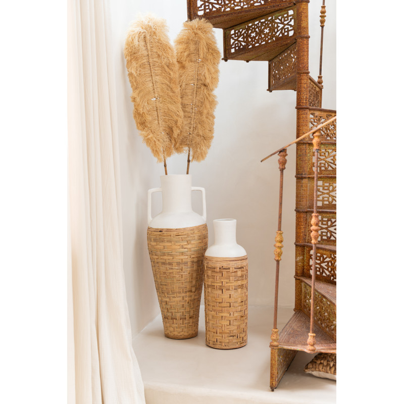 Vase Bouteille XXL Hauteur 75 cm en Terre cuite Blanc Rotin Naturel Pugghie - 2