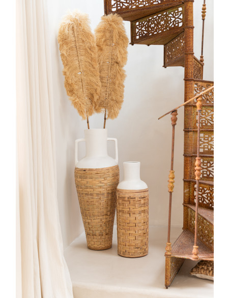 Vase Bouteille XXL Hauteur 75 cm en Terre cuite Blanc Rotin Naturel Pugghie - 2