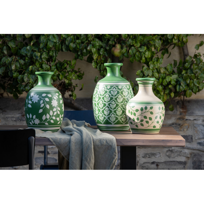 Vase Ovale Hauteur 43 cm en Terre cuite Vert Blanc Motif fleurs Uzès - 2