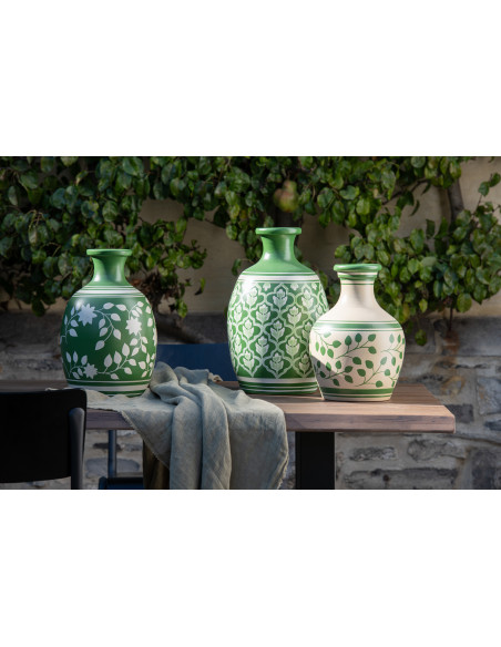 Vase Ovale Hauteur 43 cm en Terre cuite Vert Blanc Motif fleurs Uzès - 2
