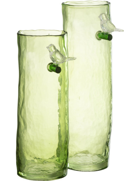 Vase Cyclindrique Oiseau sur branche Hauteur 32 cm en Verre Vert Aves - 2