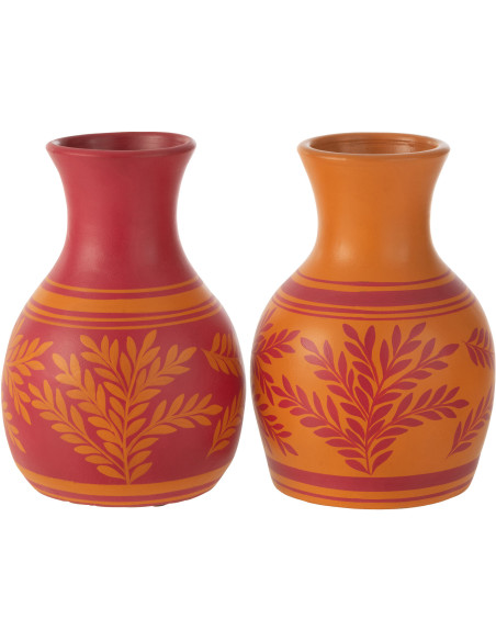 Vase Ovale Hauteur 32 cm en Terre cuite Orange Rose Motif rameaux Campeche (Lot de 2) - 1