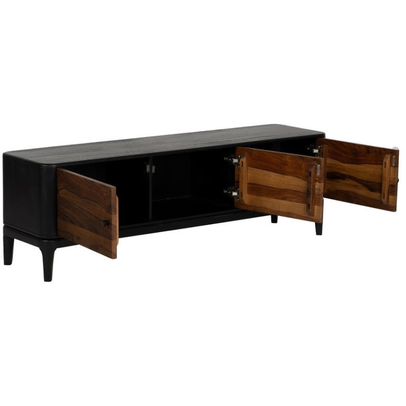 Meuble télé moderne 3 portes en Bois de manguier Bois de Sheesham Marron Noir Ansel - 2