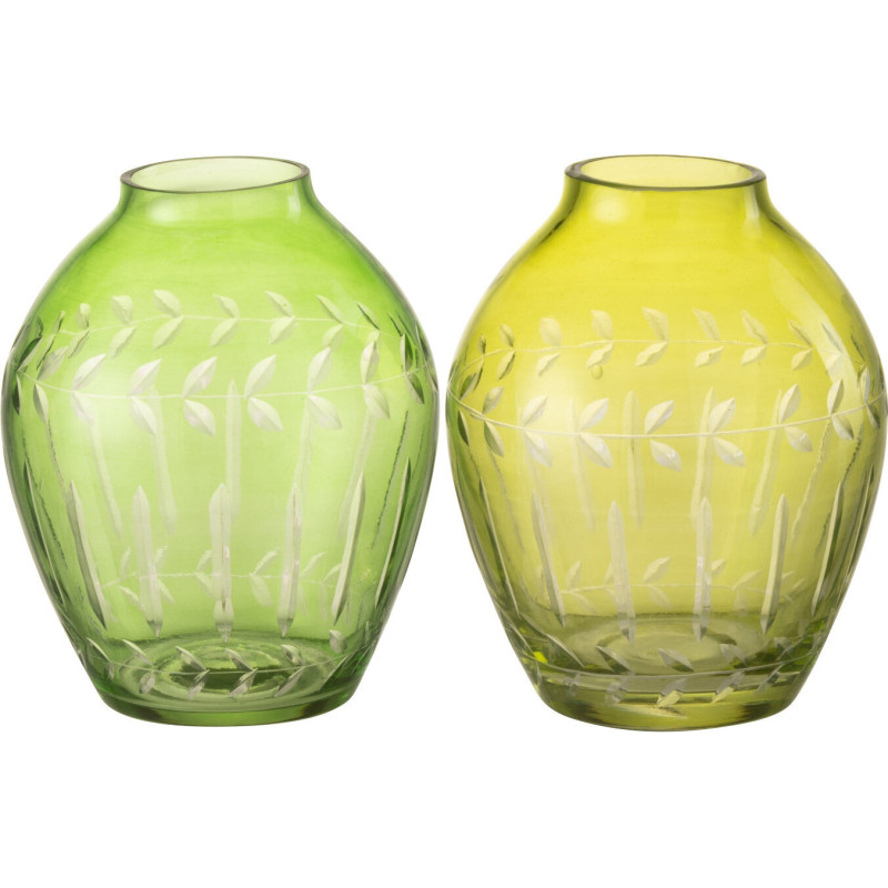 Vase Ovale Hauteur 11 cm en Verre Vert Motif feuilles Roman (Lot de 2) - 1