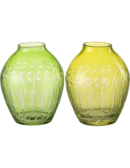 Vase Ovale Hauteur 11 cm en Verre Vert Motif feuilles Roman (Lot de 2) - 1