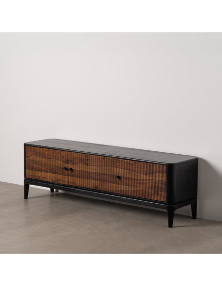 Meuble télé moderne 3 portes en Bois de manguier Bois de Sheesham Marron Noir Ansel - 12