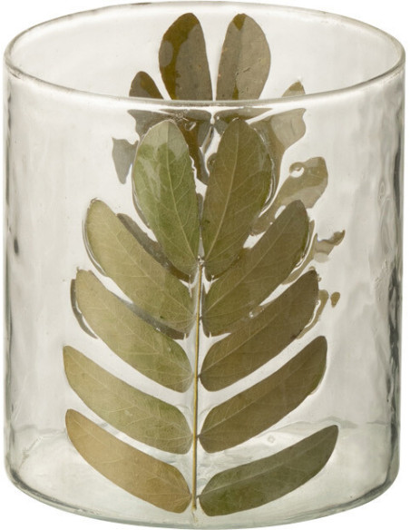 Photophore Cyclindrique Diamètre 8 cm en Verre Semi-transparent Doré Motif feuilles Duhi - 1