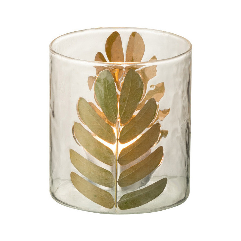 Photophore Cyclindrique Diamètre 8 cm en Verre Semi-transparent Doré Motif feuilles Duhi - 2