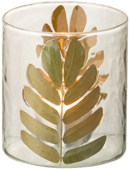 Photophore Cyclindrique Diamètre 8 cm en Verre Semi-transparent Doré Motif feuilles Duhi - 2