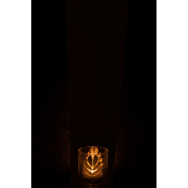 Photophore Cyclindrique Diamètre 8 cm en Verre Semi-transparent Doré Motif feuilles Duhi - 3