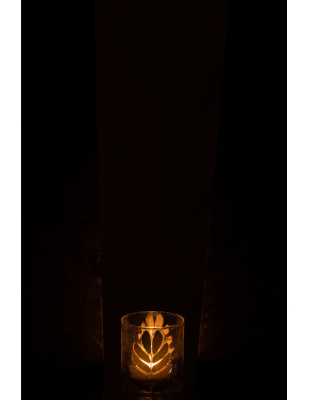 Photophore Cyclindrique Diamètre 8 cm en Verre Semi-transparent Doré Motif feuilles Duhi - 3