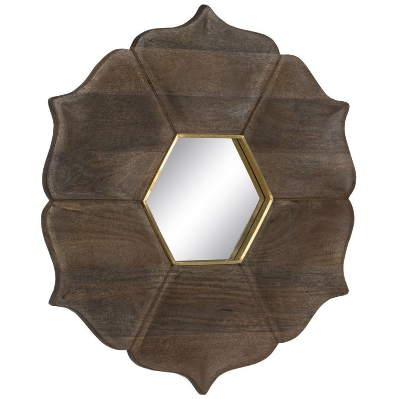 Miroir mural oriental Fleur Hexagonal 90x90 en Bois de manguier Marron Métal Doré Abelio - 1