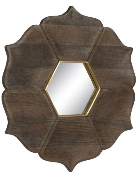 Miroir mural oriental Fleur Hexagonal 90x90 en Bois de manguier Marron Métal Doré Abelio - 1