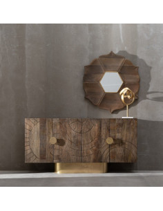 Miroir mural oriental Fleur Hexagonal 90x90 en Bois de manguier Marron Métal Doré Abelio - 2