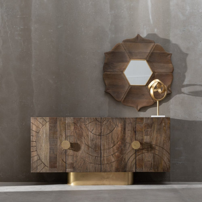 Miroir mural oriental Fleur Hexagonal 90x90 en Bois de manguier Marron Métal Doré Abelio - 2