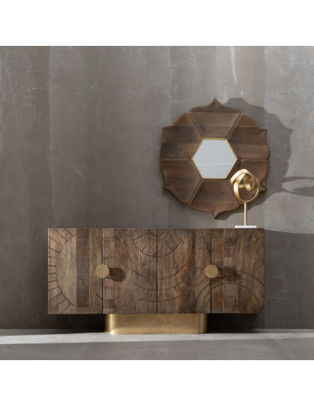 Miroir mural oriental Fleur Hexagonal 90x90 en Bois de manguier Marron Métal Doré Abelio - 2