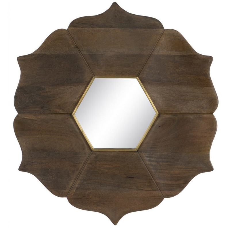 Miroir mural oriental Fleur Hexagonal 90x90 en Bois de manguier Marron Métal Doré Abelio - 9